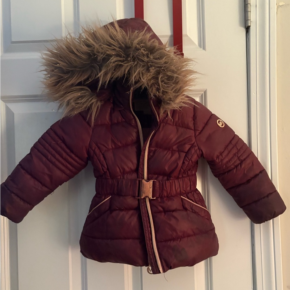 Michael Kors Burgundy Kids Jacket with Faux Fur Hood